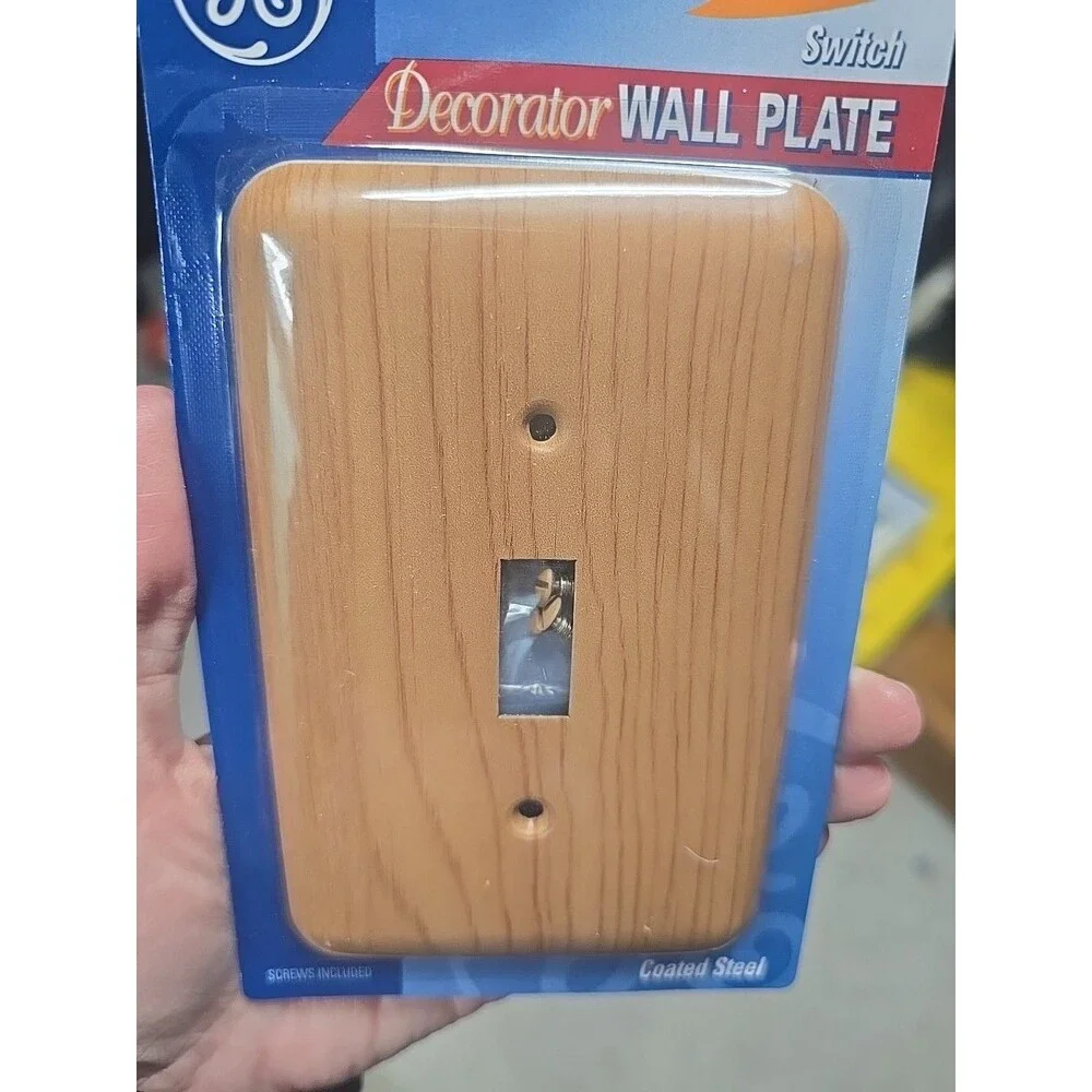 Vtg Lot of 5 GE Decorator Wall Plates Switch Cover Coated Steel Wood Grain